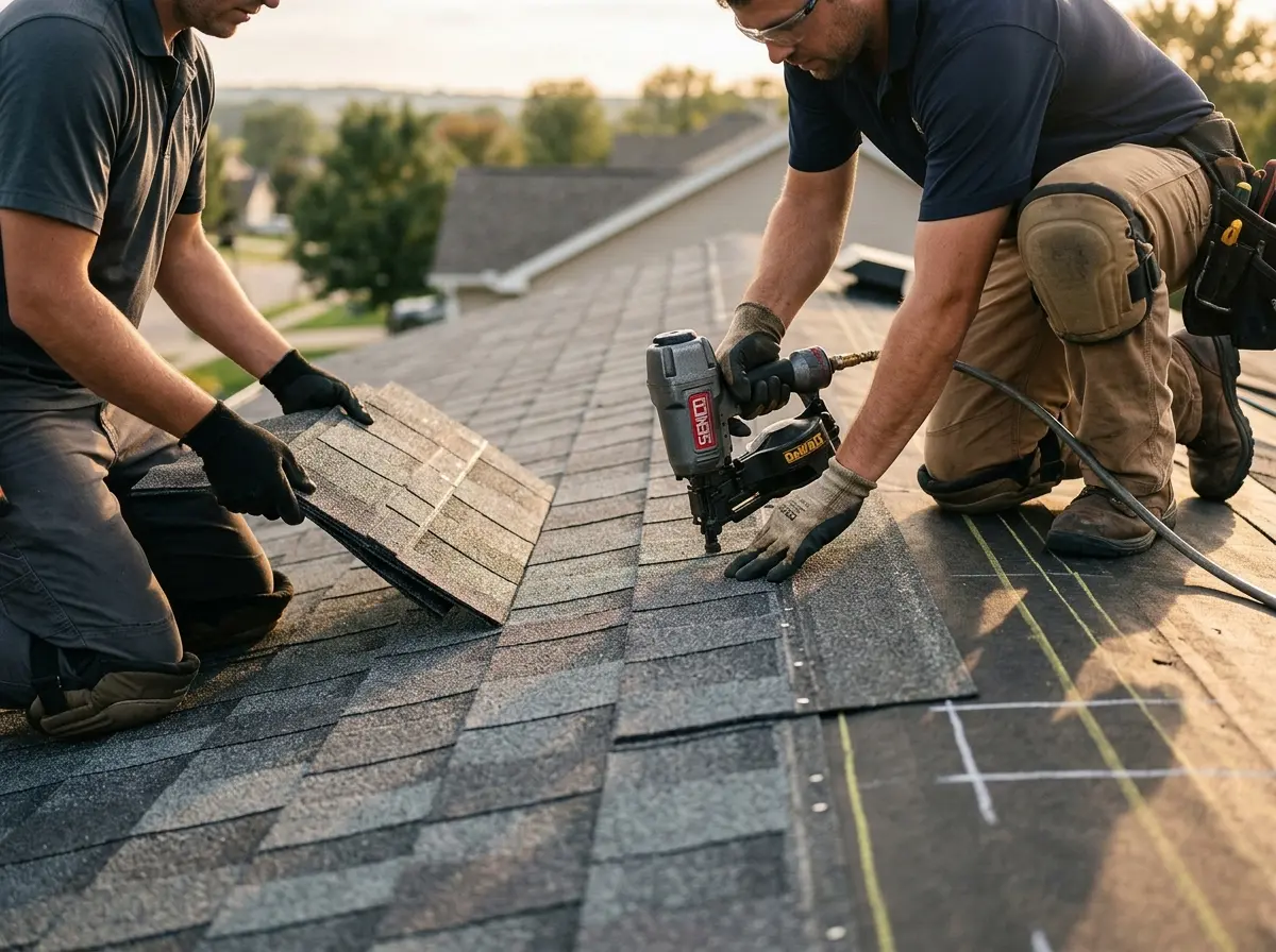 Professional roofer working on a residential roof in Maplewood